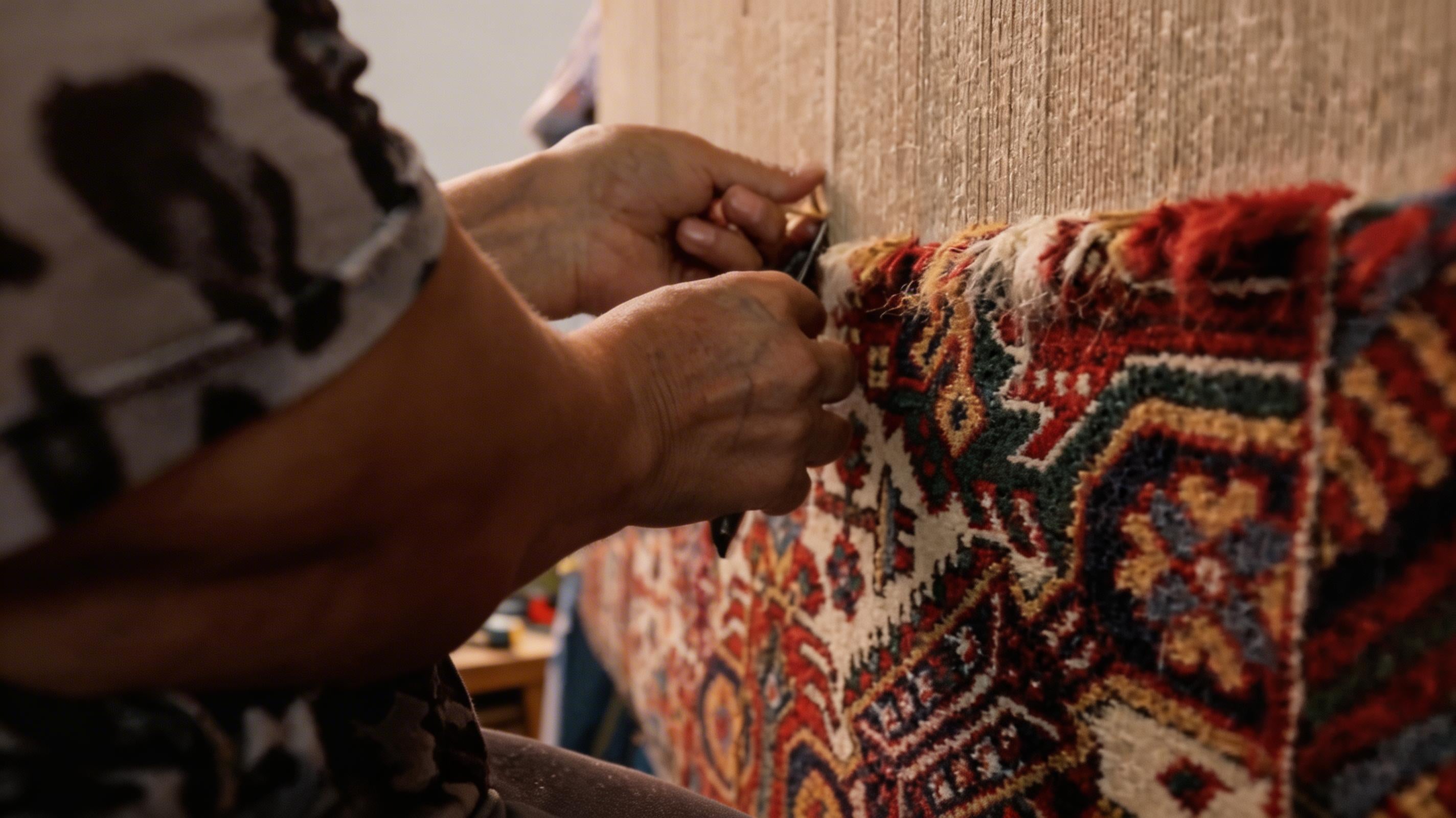 Person working on a colorful patterned hand made rug with intricate details